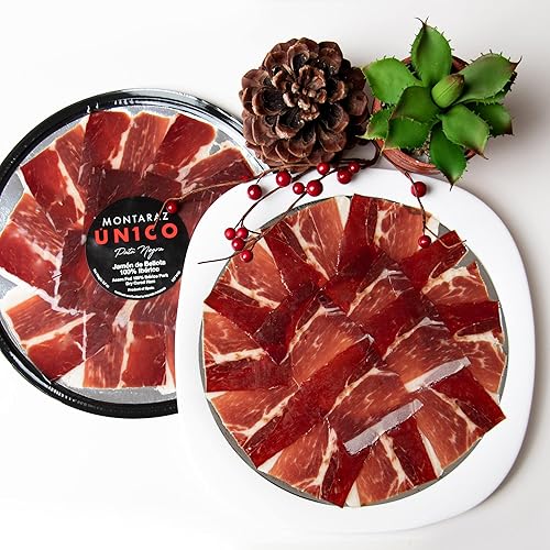 Montaraz Unico Family Collection Ibérico de bellota jamón seco (Jamón de bellota Iberico) - Estilo tallado a mano listo para comer en una bandeja--