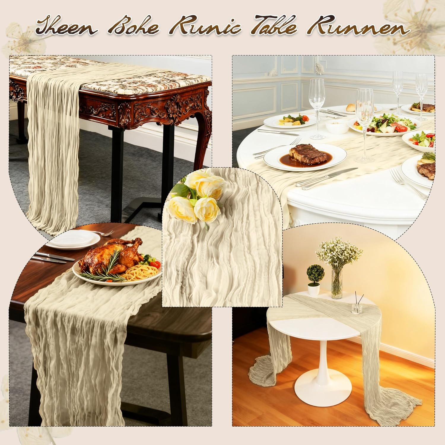 16Packs Beige Cheesecloth Table Runners – Boho Gauze Vintage Table Decor, 120 Inch Long Rustic Cheese Cloth Runner for Wedding, Bridal Shower, Birthday, Romantic Party 10Ft (Beige, 24" x 120"-16Packs)