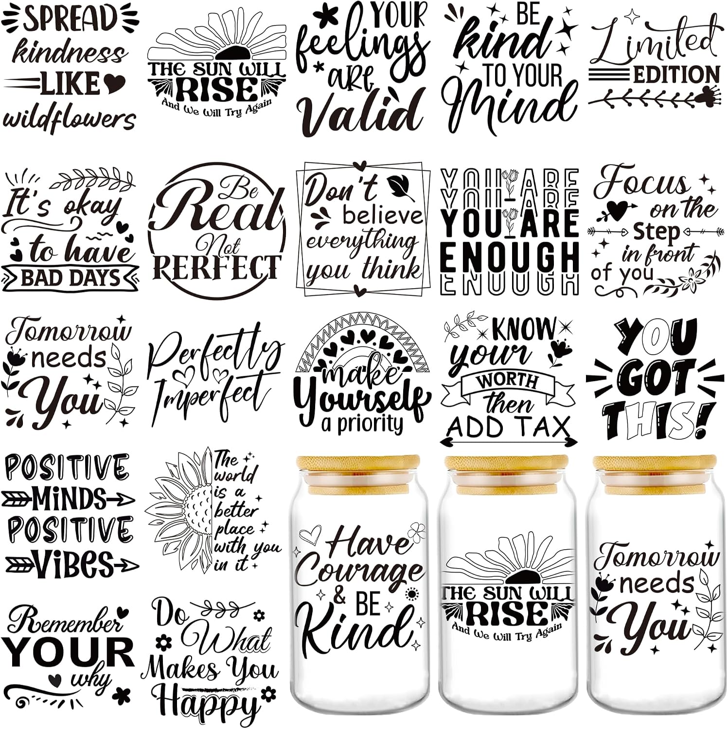 UV DTF Cup Wraps - 8 Sheets Floral Butterfly UV DTF Tumbler Wrap for 16 oz Glass, Daisy Sunflower Personalized Waterproof Transfer Stickers DIY Water Bottle Wood Crafts Gift for Women