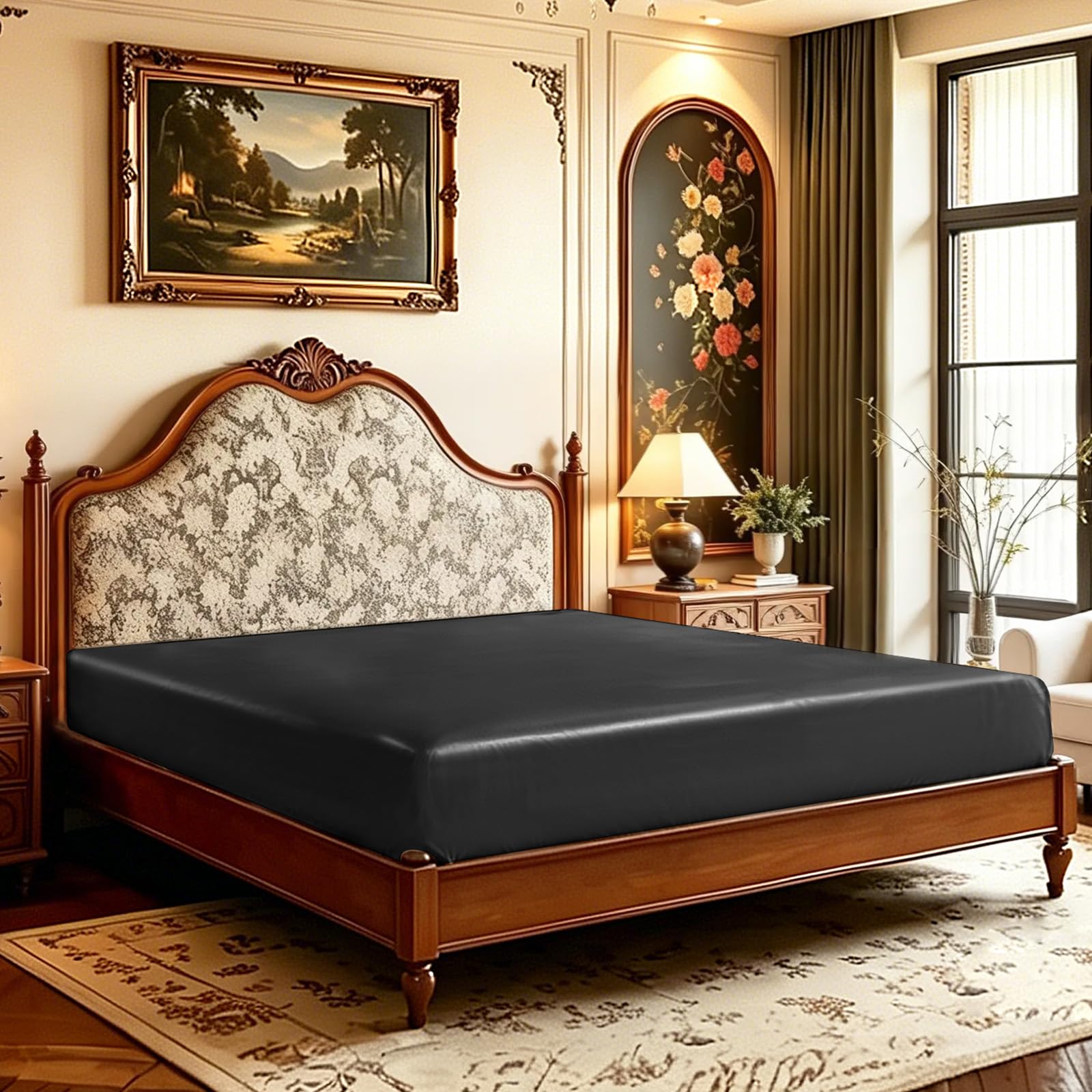 Lirex Lenzuola con Angoli in Raso, Letto Matrimoniale 180x200cm, per Materassi Alti Fino a 35 cm, Lussuoso e Setoso Biancheria da Letto in Poliestere Morbido, Nero