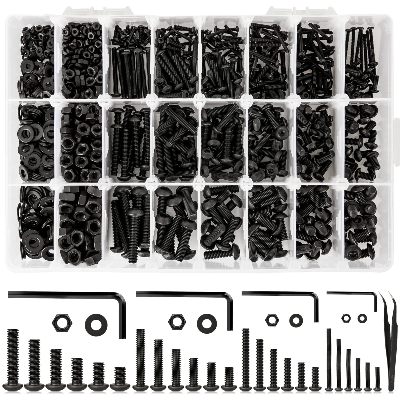 Nuts and Bolts Assortment Set, 24 Size 8MM to 25MM Hex Button Head Cap Screws Bolts and Nuts Kit M2 M3 M4 M5 Machine Screws, Pan Head Alloy Steel Metric Screw 1250pcs with Wrench, Tweezer