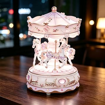 Purple Carousel Music Box with Rotating Horses and LED Light