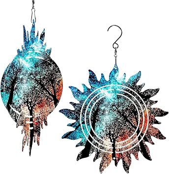 Blue Red Forest Sun Metal Wind Spinners Outdoor, Stainless Steel Fairy Garden Decorative Hanging Ornaments 7.87" 3D Art Repellent Devices Windchimes for Yard Grandmother Mother Woman Girl