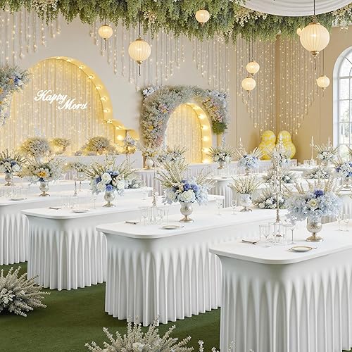 Vista 43 de Paquete de 2 manteles de elastano negro para mesas rectangulares de 6 pies, sin arrugas, elásticos, ajustables, falda de mesa elegante de 6 pies