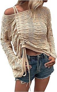 Womens Boho Off Shoulder Sweater Long Bell Sleeve Fall Sheer Crop Tops Flowy Oversized Crochet Ruched Pullover Outwear