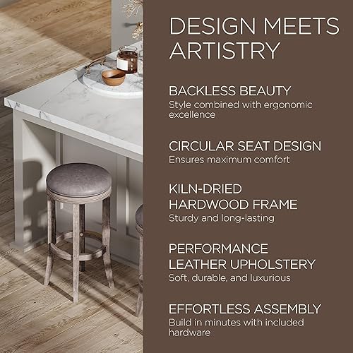 Miniatura 6 de Maven Lane Eva Taburete de bar giratorio de 31 pulgadas de altura de barra sin espalda en acabado de roble recuperado con asiento tapizado de cuero