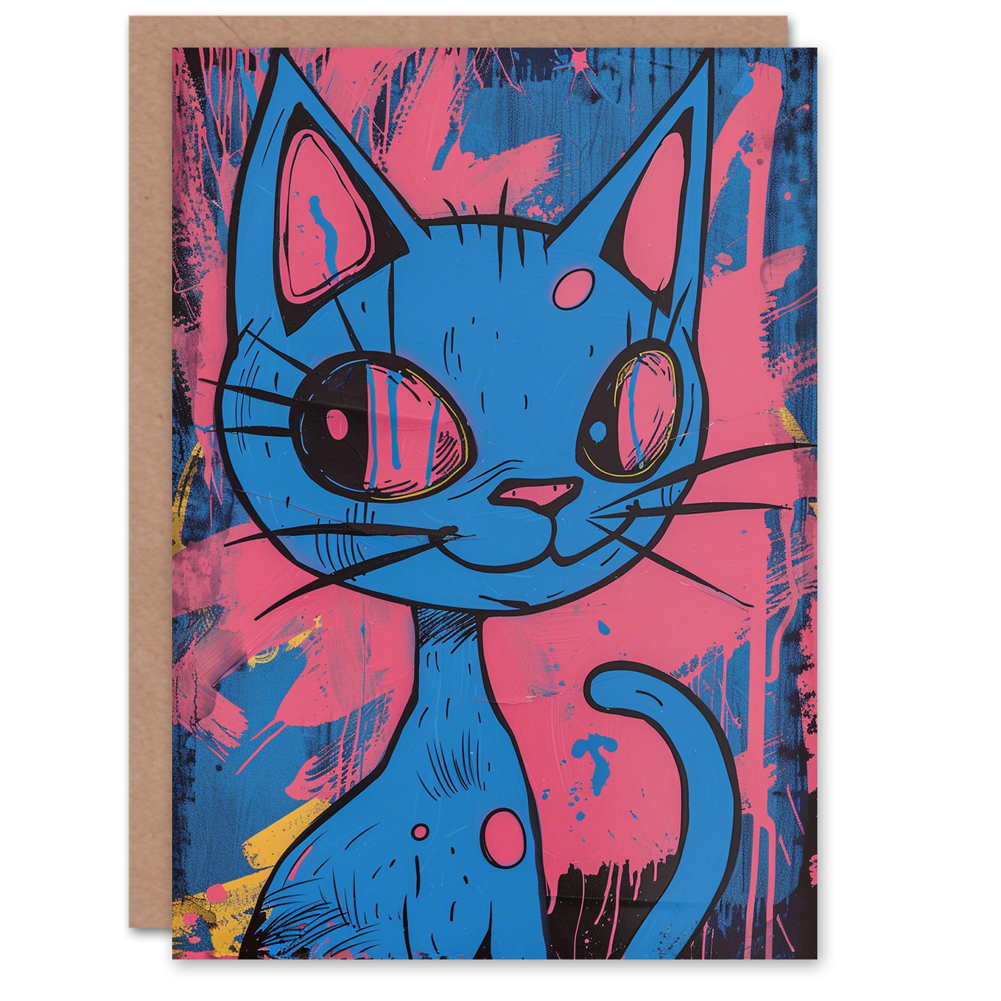 Artery8 Birthday Card Pink Blue Art Cat Painting Abstract Punk Blank Arty Art All Occasion Greeting Card