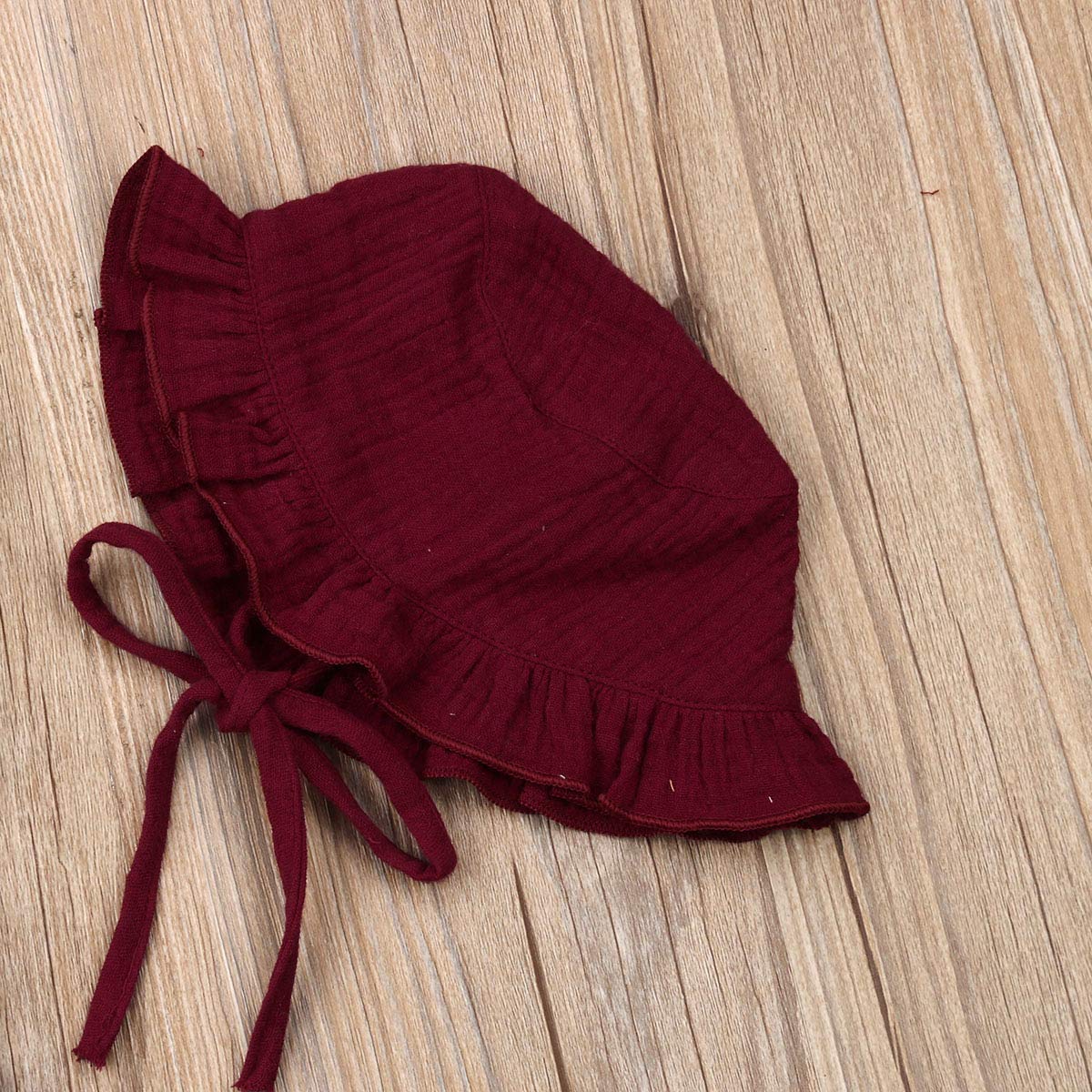 Baby Girls Flutter Sleeve Ruffle Romper Cotton Linen Pompom Bodysuit with Hat Clothes Set (6-12M, Burgundy Red)