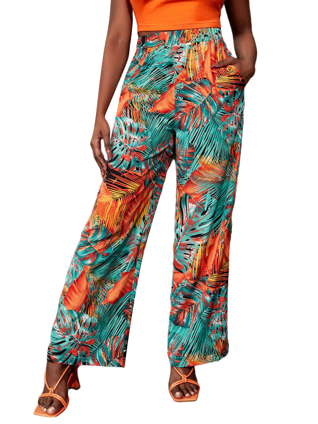 WDIRARA Womens Tropical Print High Elastic Waisted Wide Leg Loose Pants Trousers