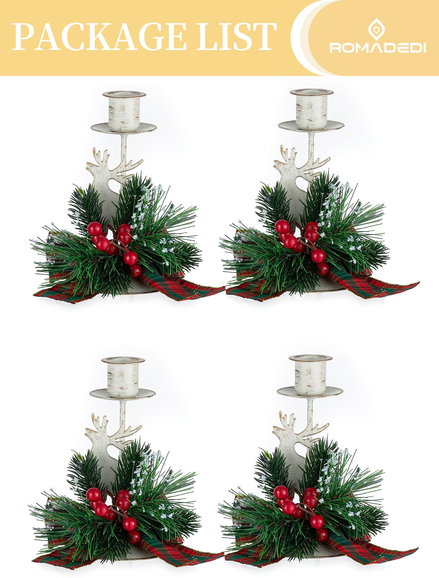 Romadedi Portavelas para decoración navideña: candelabro rústico de reno, centro de mesa de granja, adornos festivos de bayas rojas, decoración del hogar, juego de 24 unidades