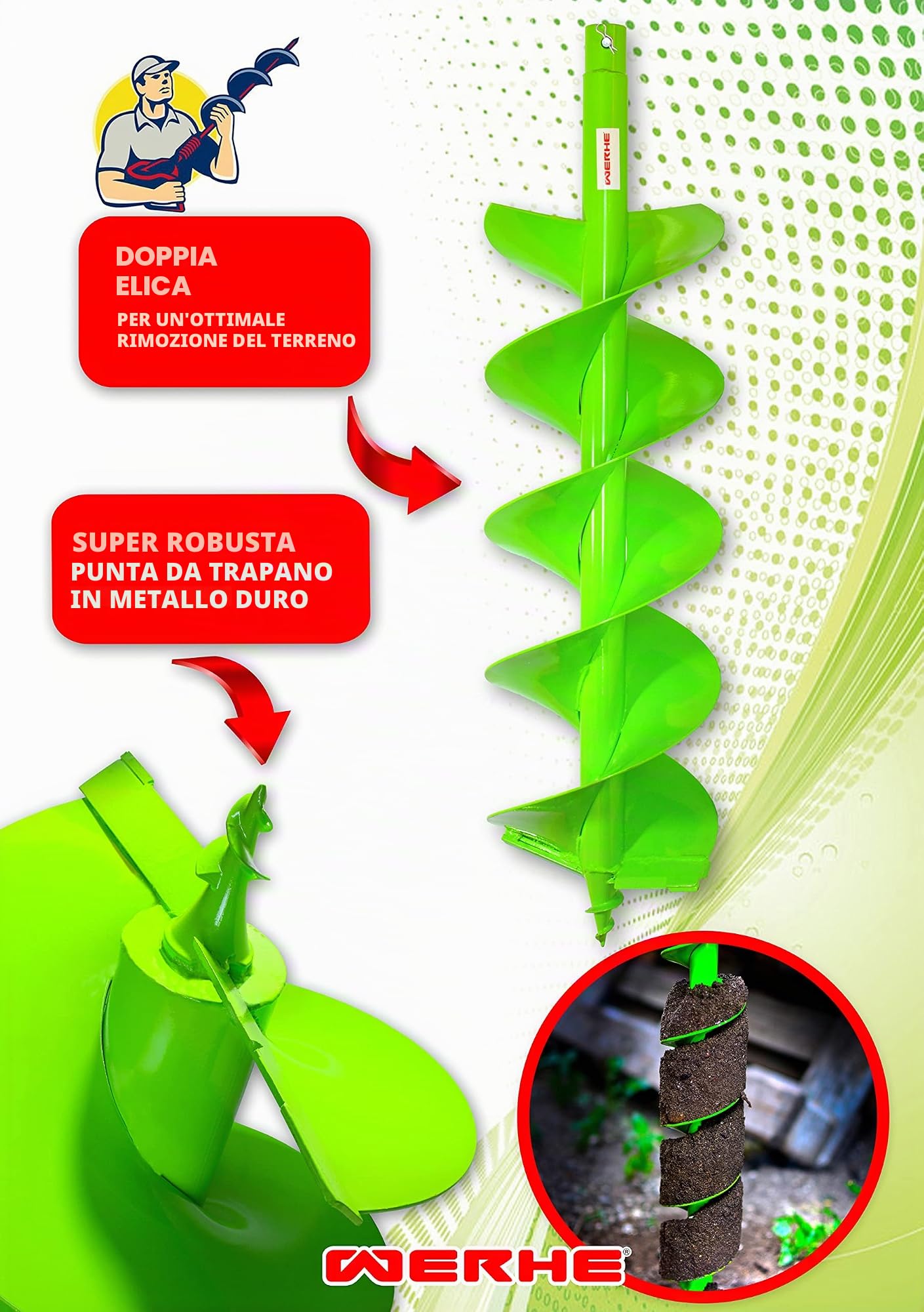 WERHE Trivella 200 mm, Doppia Spirale, Adattatore SDS Plus | Trivella per Pali per terreni duri, lunghezza 80 cm, profondità di lavoro 60 cm, attacco 20 mm, lame in metallo duro