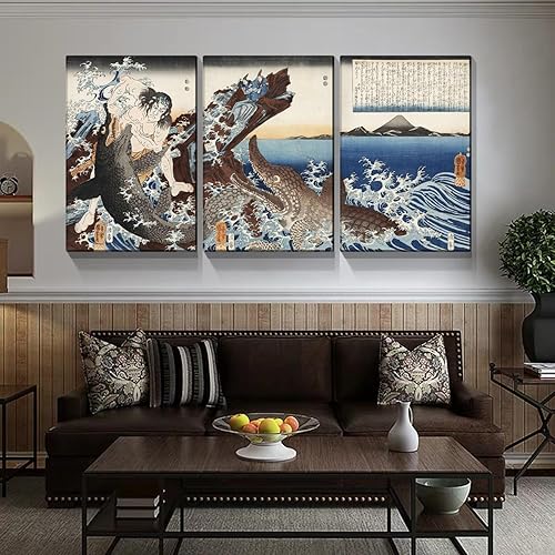 Miniatura 3 de Dimpoli Lienzo de pintura japonesa para decoración de pared, 3 piezas, 32 x 48 pulgadas, Katsushika Hokusai, paisaje general, Kamakura y cocodrilo,