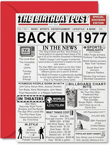 Stuff4 Tarjetas de cumpleaños número 47 para hombres y mujeres, periódico Back In 1977, tarjeta de feliz cumpleaños para ella, papá, mamá, marido,