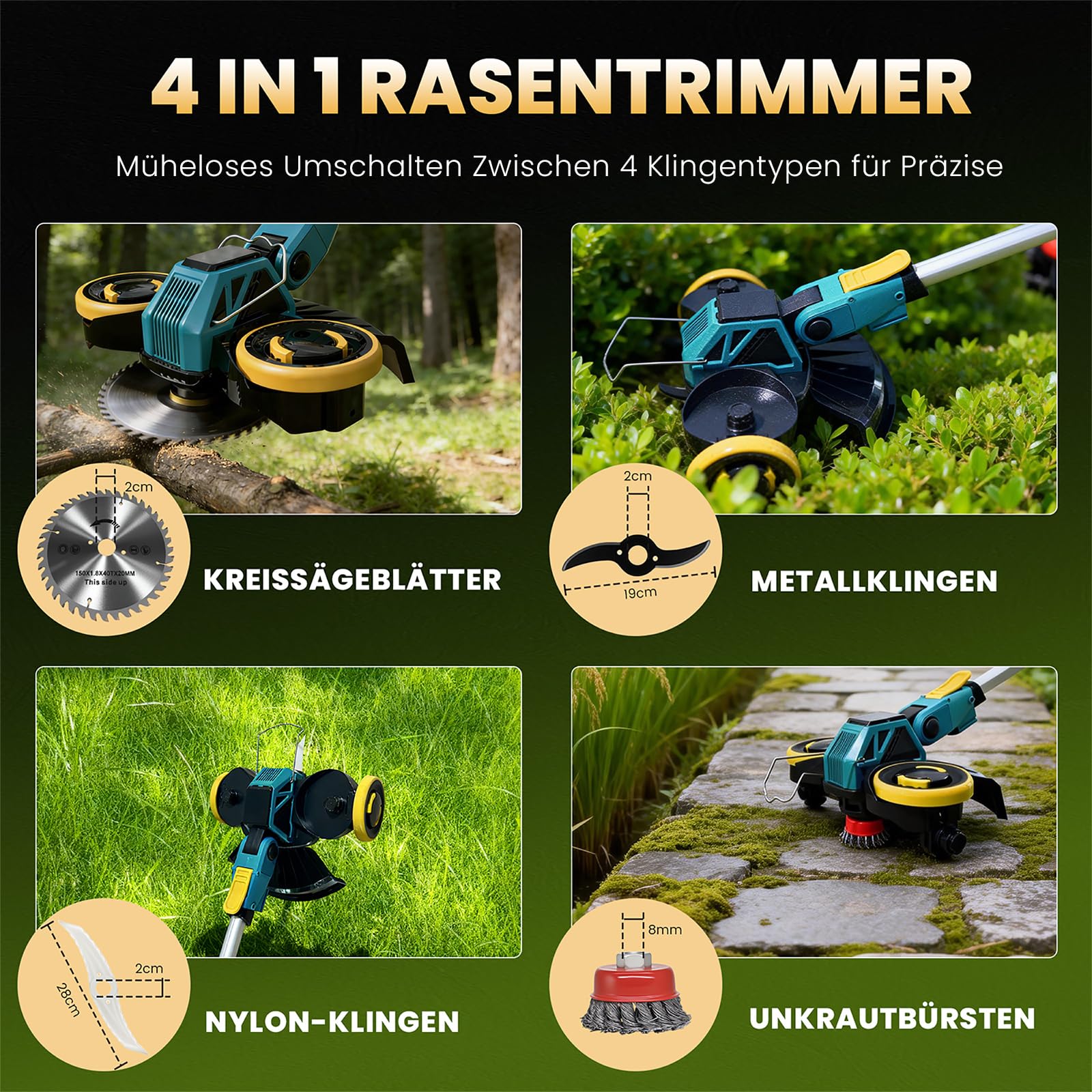 Rasentrimmer mit Akku und Unkrautbürste, Akku Rasentrimmer für Makita-Akkus mit 4 Klingentypen und 2X4.0Ah Akkus, 21V Bürstenlose Freischneider Akku für Garden Trimmen (Blau)