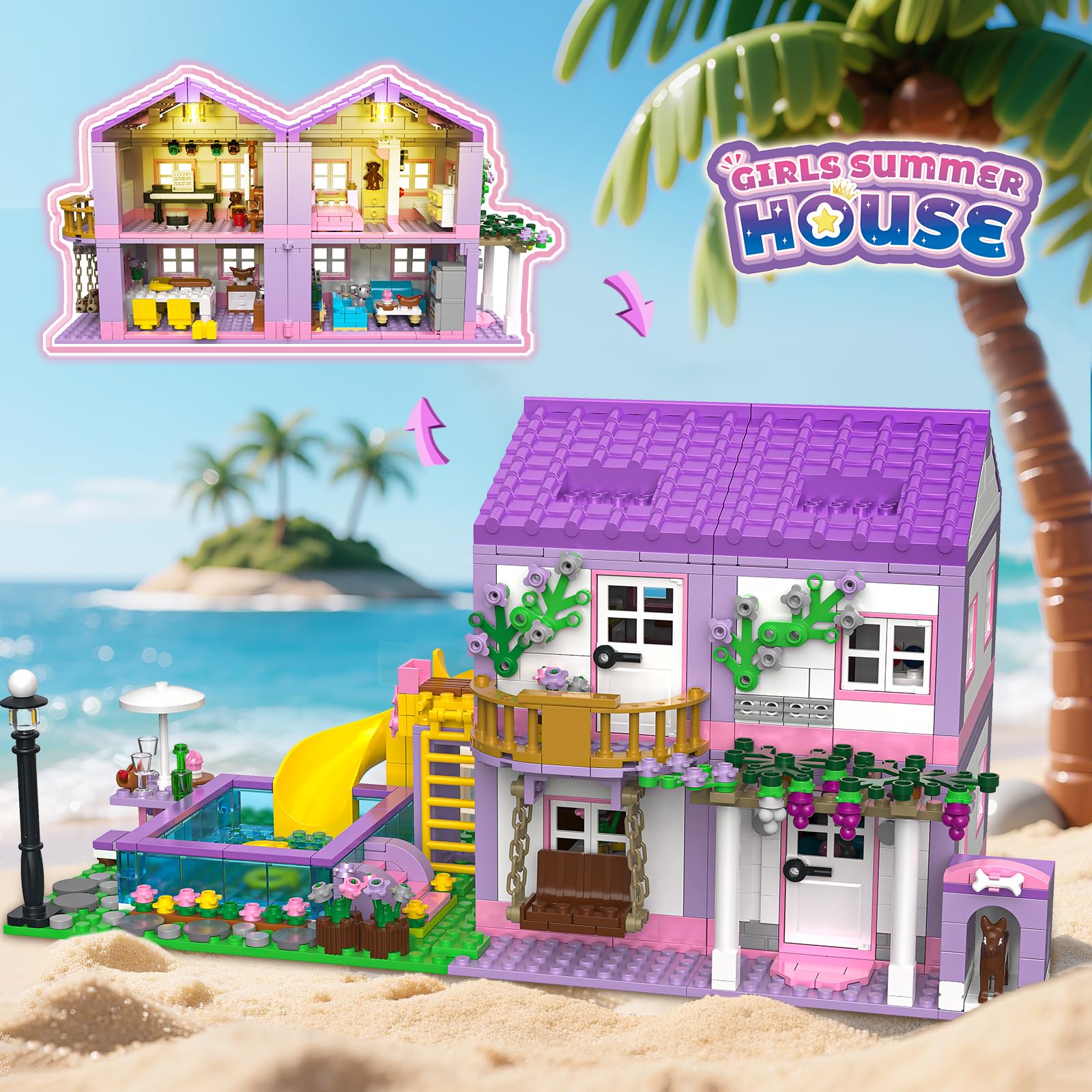 Purple Girls Summer Villa Friends Building Set Compatible with Lego 3 in 1 Friends Construction Educational Toy for Kids Age 8-12 and Up 1081 PCS