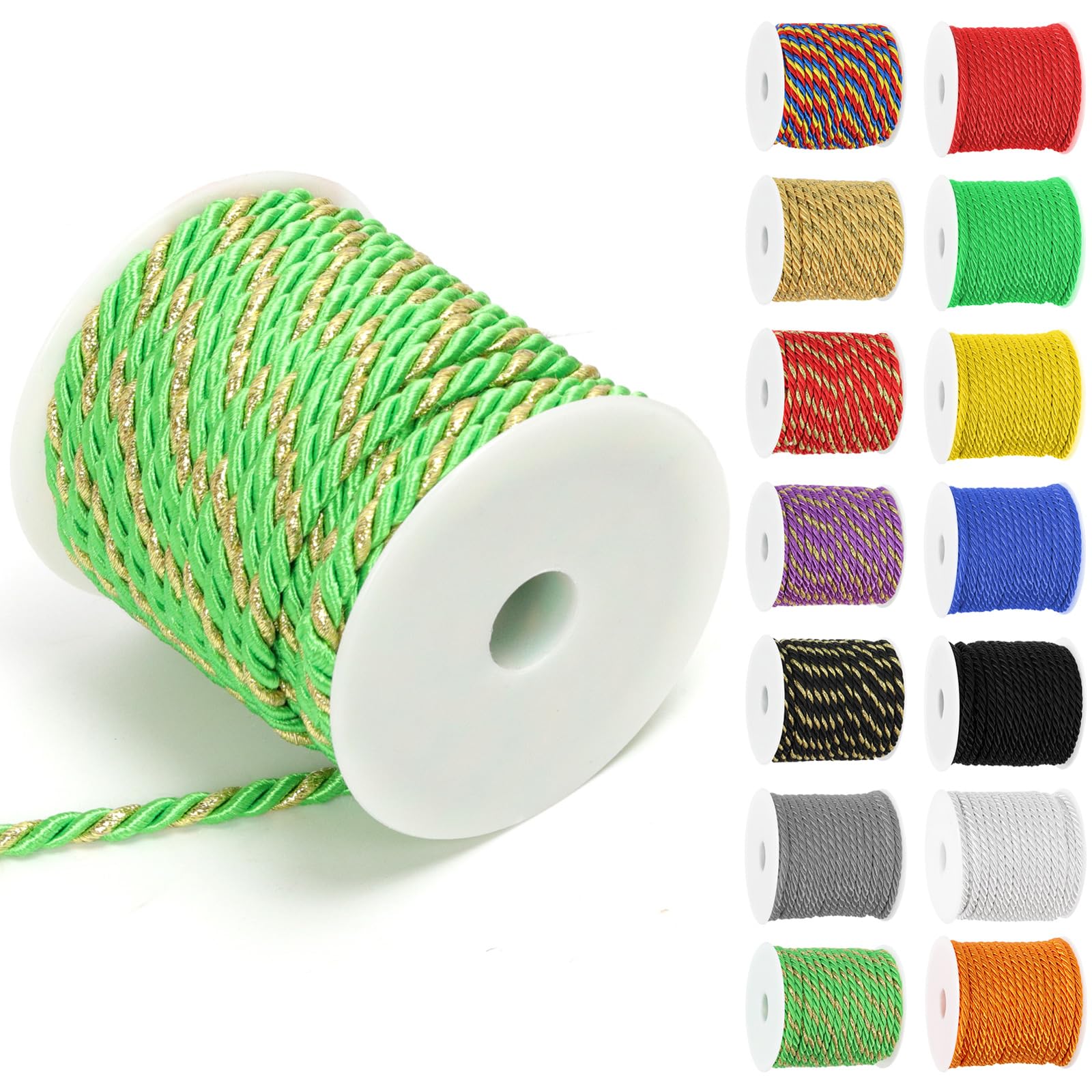 Swpeet 5mm 19 Yards Green Gold Twisted Cord 3-Ply Polyester Twisted Decorative Cord Shiny Viscose Cording Thread for Sewing & Crafting Home Decor Curtain Tieback, Craft Gift Bag, Graduation Honor Cord