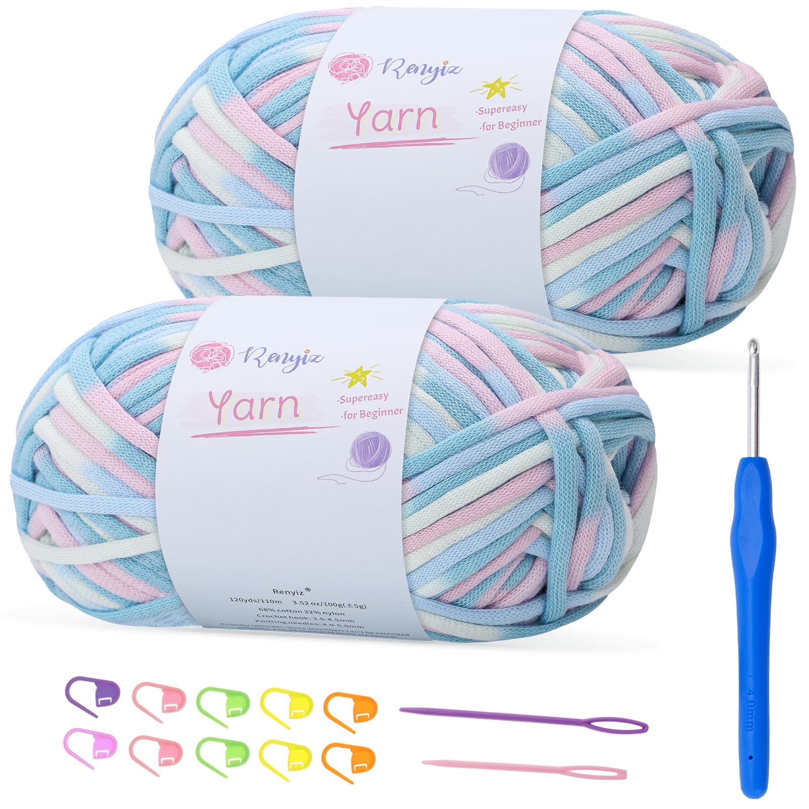 100gx2 Chunky Cotton Crochet Yarn with 4mm Hook, Soft Non-Split Thick Yarn for Amigurumi DIY Gifts Home Decor
