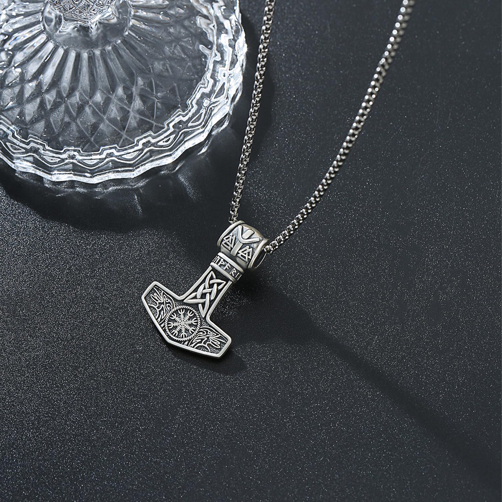 Thors Hammer Halskette 925 Sterling Silber Mjölnir Kette Thor Hammer Anhänger mit Krähen Vegvisir Amulett Schmuck für Männer Unisex, Sterling Silber