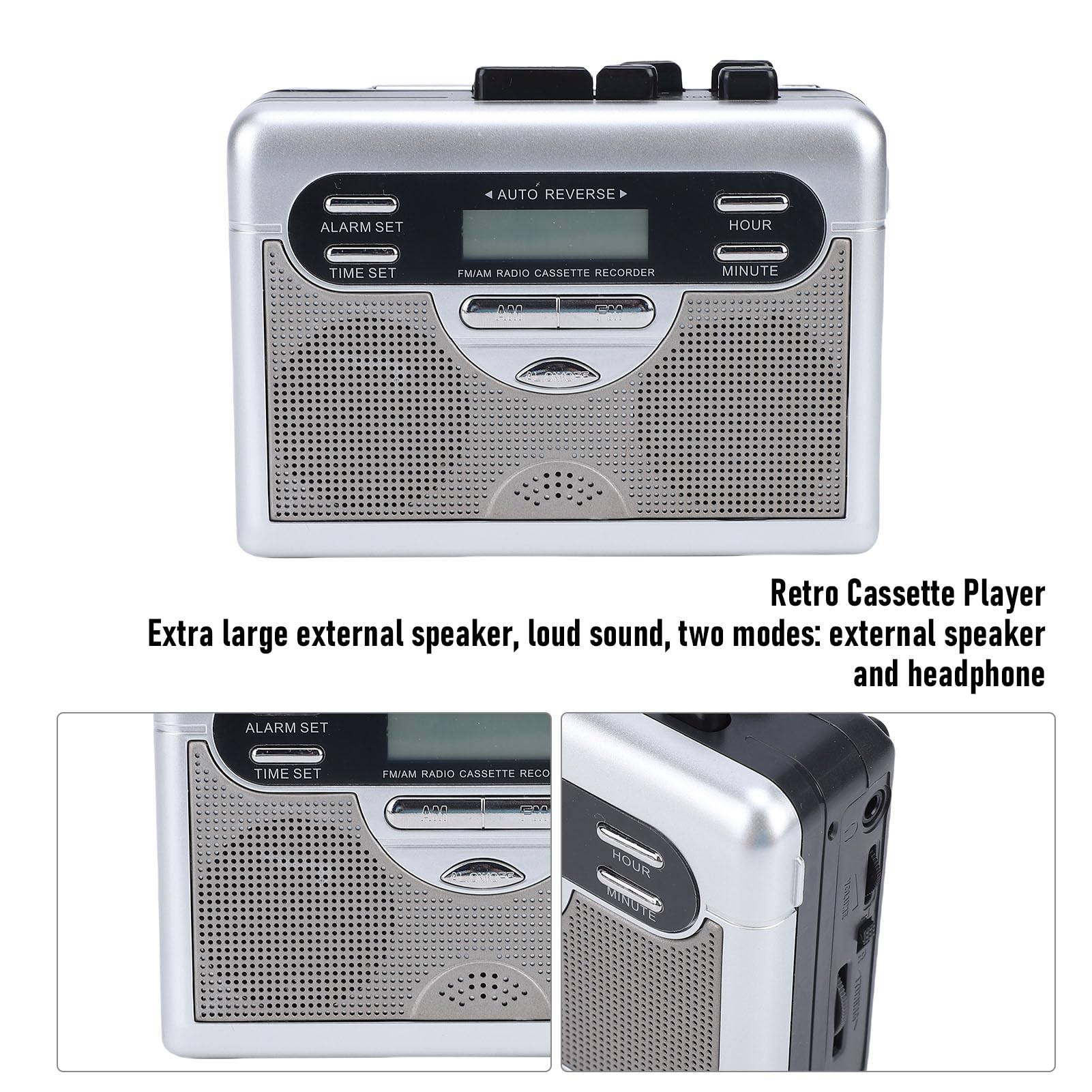 Odtwarzacz Kasetowy w Stylu Retro z funkcją Automatycznego Cofania, Przenośny Radioodtwarzacz AM/FM, Zegar Cyfrowy, Wbudowany Głośnik Stereo, Wyświetlacz LED, Gniazdo