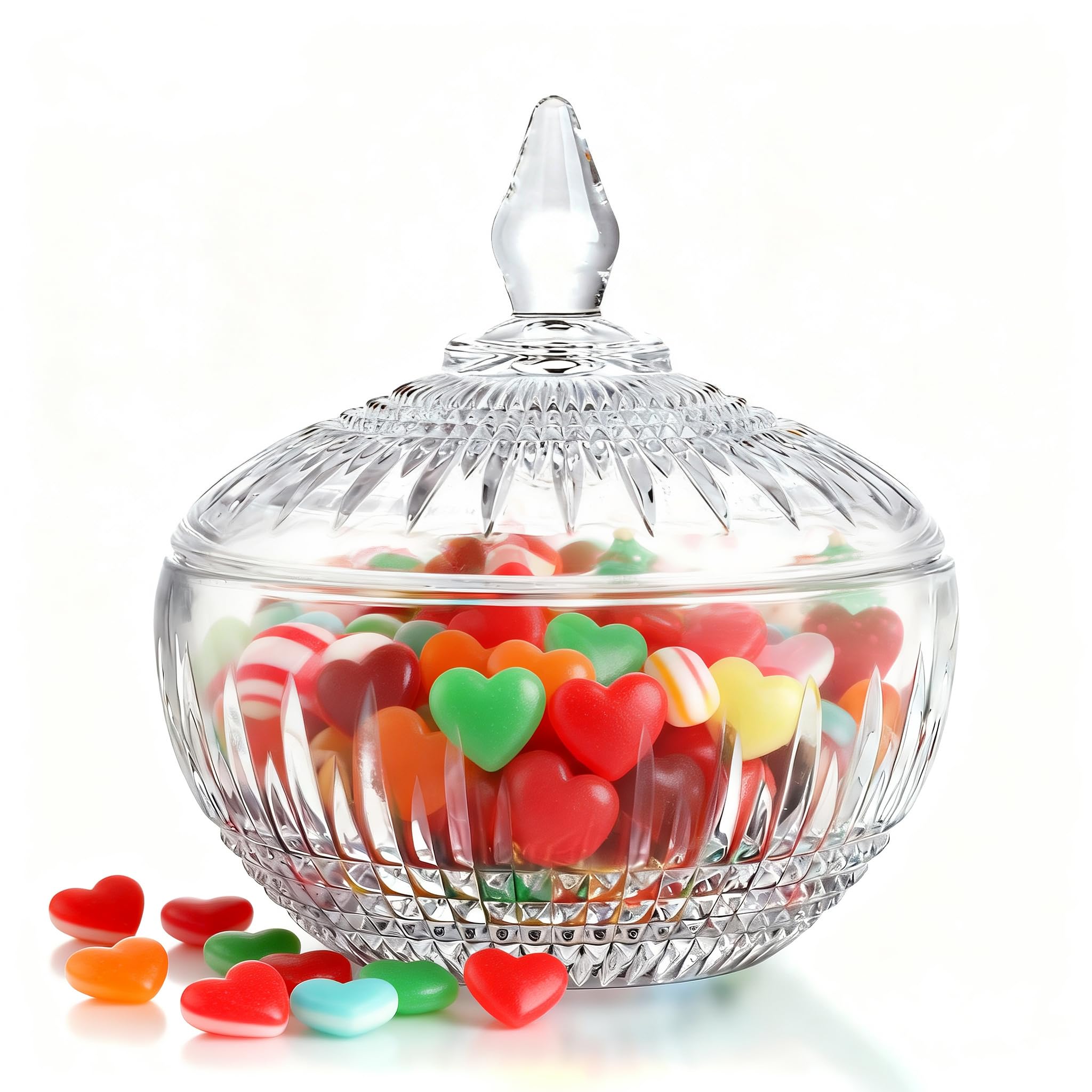 kanpura 600ml/21oz Large Glass Candy Dish with Lid,Clear Crystal Candy Jar with Lid,Decorative Glass Jar for Wedding Buffet Party, Christmas, Home Decoration,Dishwasher Safe
