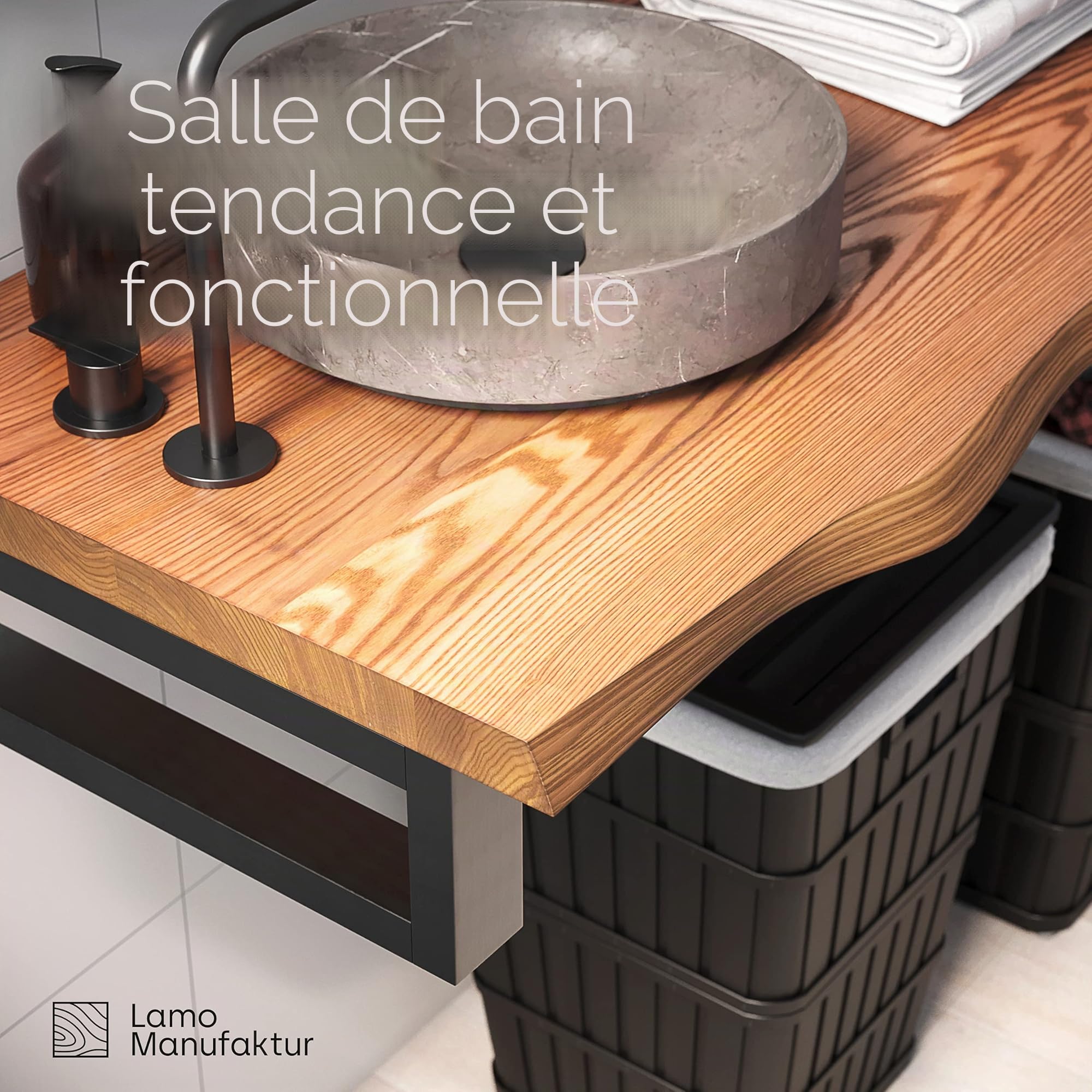 LAMO Manufaktur Plan vasque en bois, plan sous vasque salle de bain, plan de toilette, plan suspendu, bord naturel irrégulier (sans kit de fixation), 160x50 cm (L x H), Rustique, LWP-01-A-003-CO