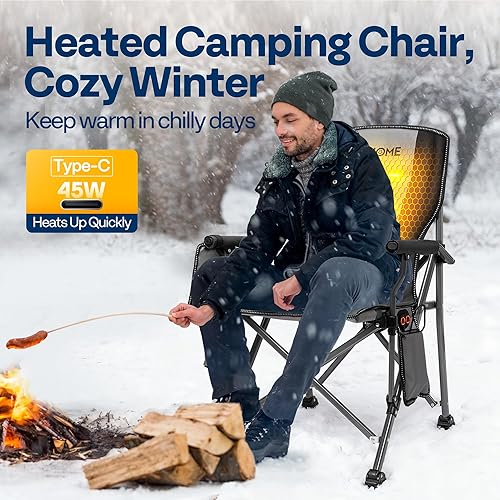 Miniatura 3 de VIVOHOME Silla de camping acolchada de 45 W con banco de energía de 27000 mAh, silla de césped plegable portátil con calefacción para deportes al