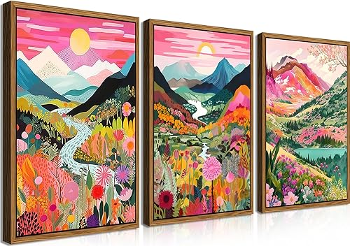 Miniatura 20 de Marco de madera bohemio colorido arte de pared, juego de 3 acuarelas abstractas de paisaje de montaña, pintura para decoración de pared, arte