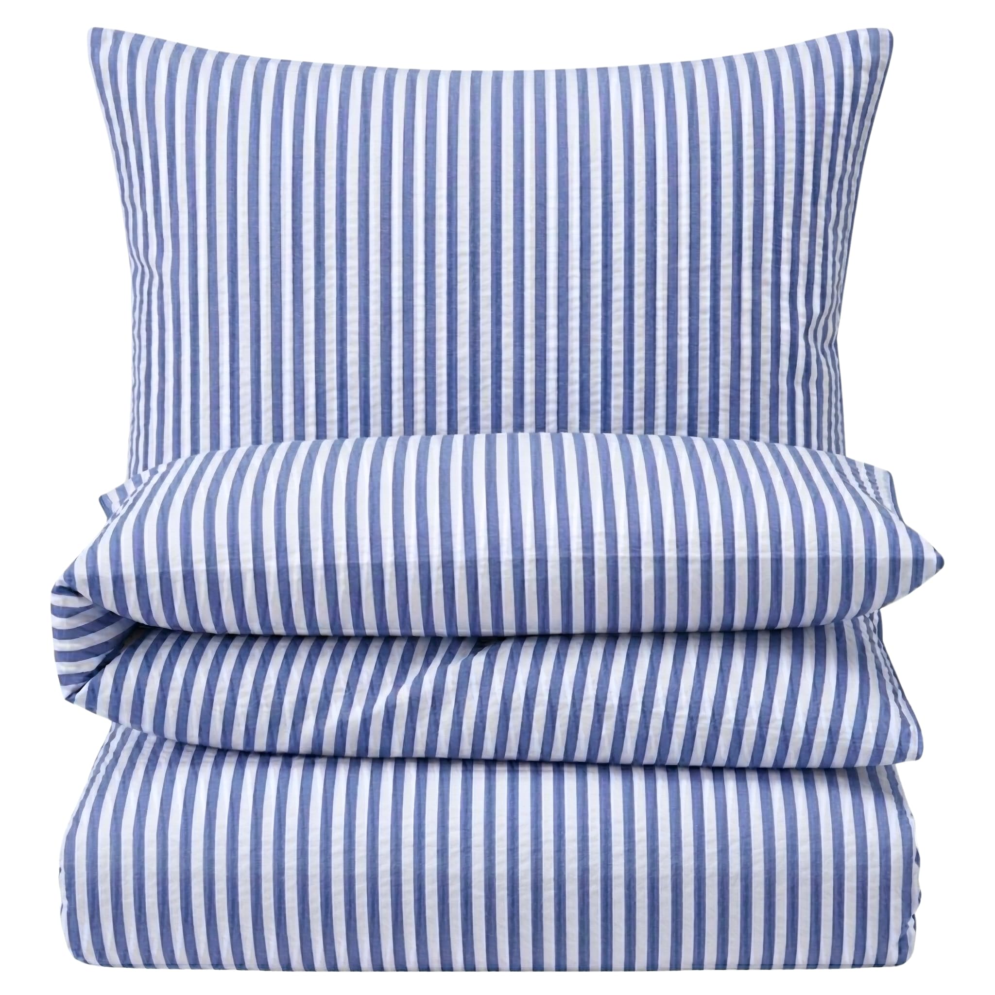 Carpe Sonno Seersucker Bettwäsche 135x200 Baumwolle [Bügelfrei] | Leicht kühlende Bettwäsche Seersucker 135x200 | Sommer Bettbezug 135 x 200 mit Streifen | Sommerbettwäsche gestreift Blau Weiß