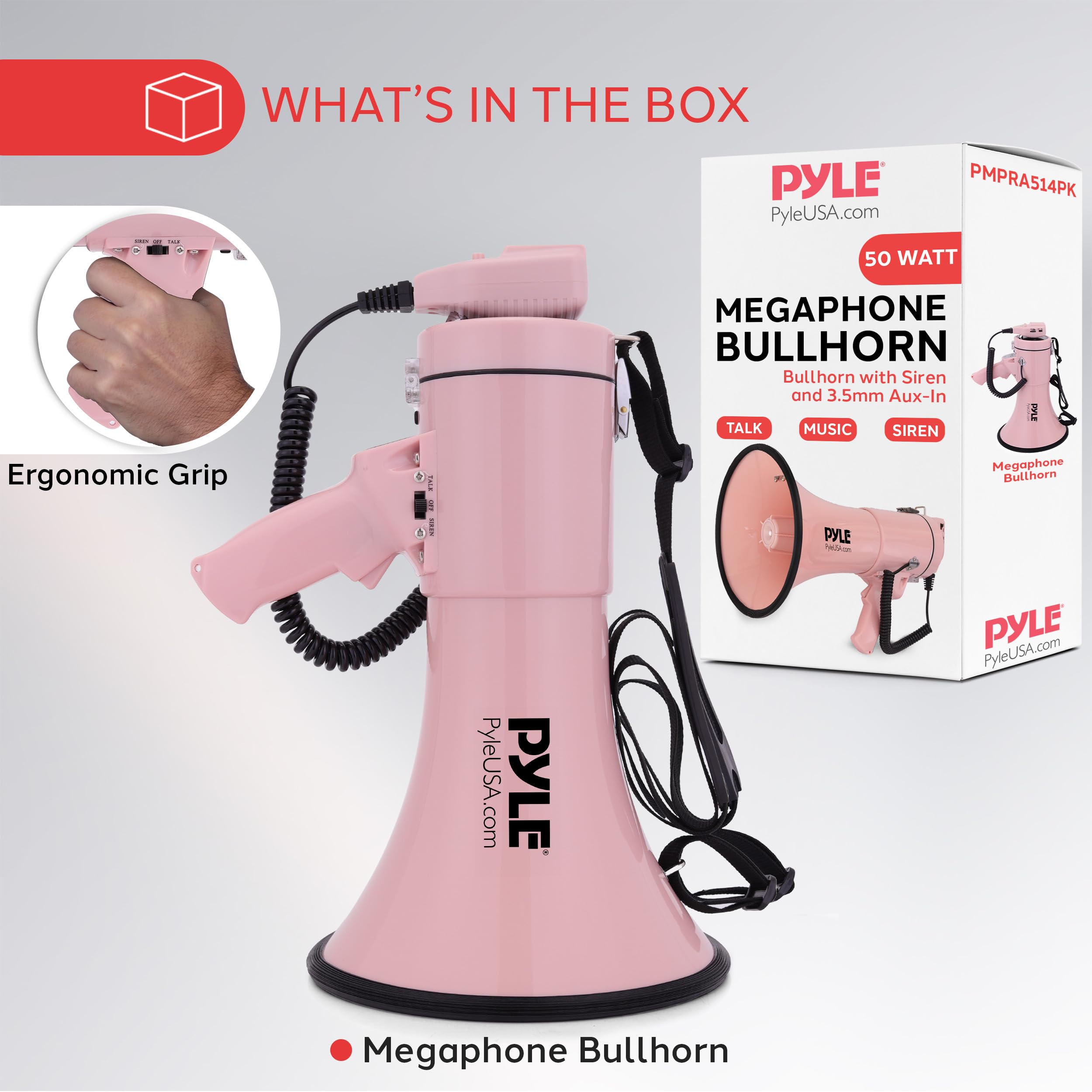 Pyle 50W Megaphone Bullhorn - Portable, Automatic Siren & Adjustable Volume,Projection Range Up to 1200 Square Yards, Aux Input, Talk, Siren, Music, Whistle, & Record, Shoulder Strap (Pink)