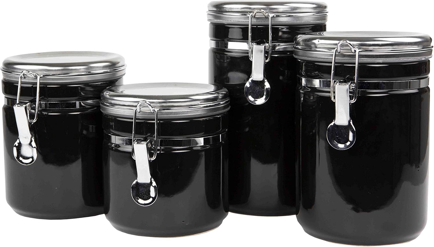 Home Basics 4 Piece Canister Food Storage Set with Stainless Steel Top, Black