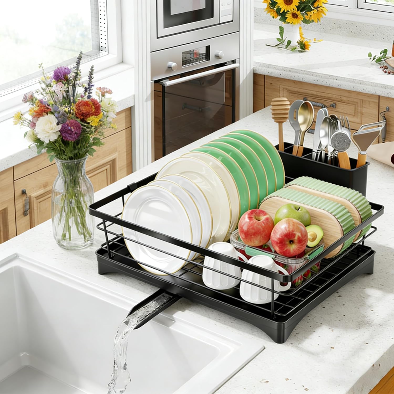 Simple Trending Dish Drying Rack for Kitchen Counter, Sink Organization and Storage, Rustproof Dish Drainer with Removable Utensil Holder, Drainboard, 12''W x 17''L, Black