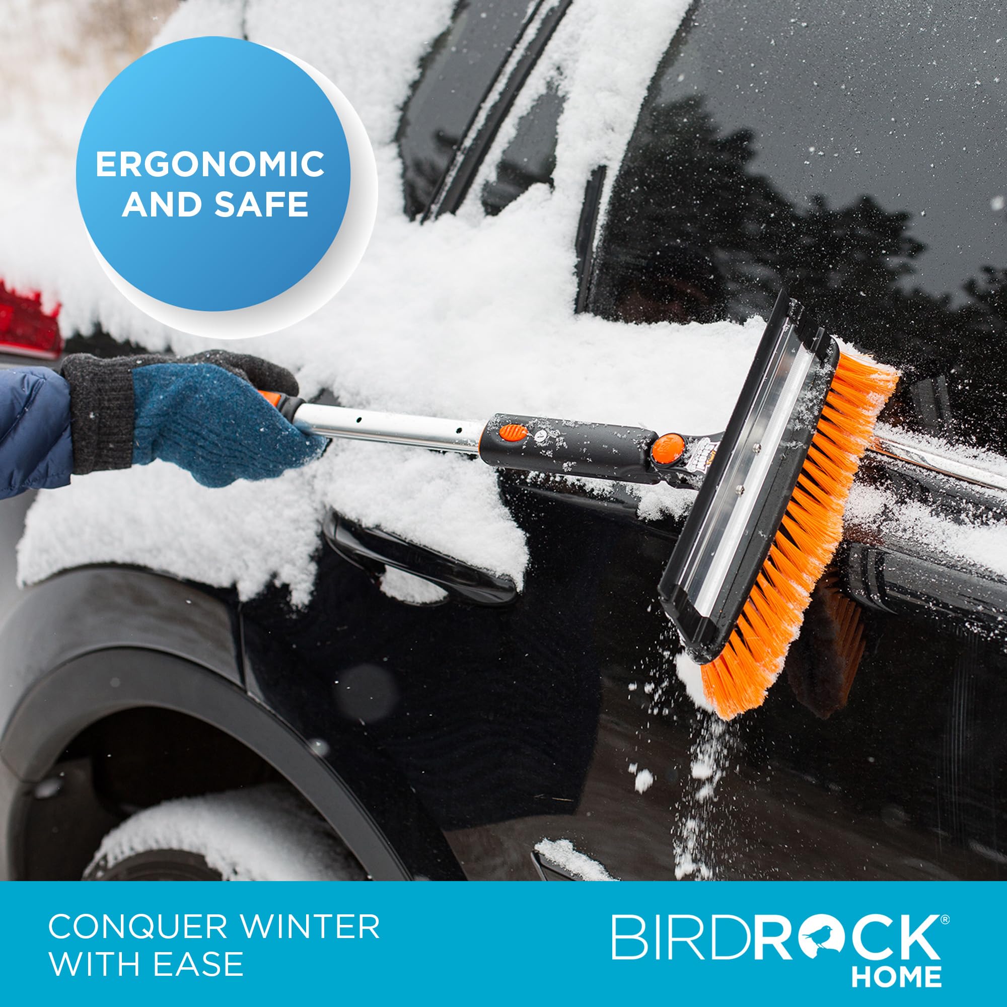 BIRDROCK HOME Spazzola da neve estensibile da 99,1 cm, con raschietto per ghiaccio rimovibile, per auto, 28 cm di larghezza, con setole, dimensioni: auto e SUV, corpo in alluminio leggero con