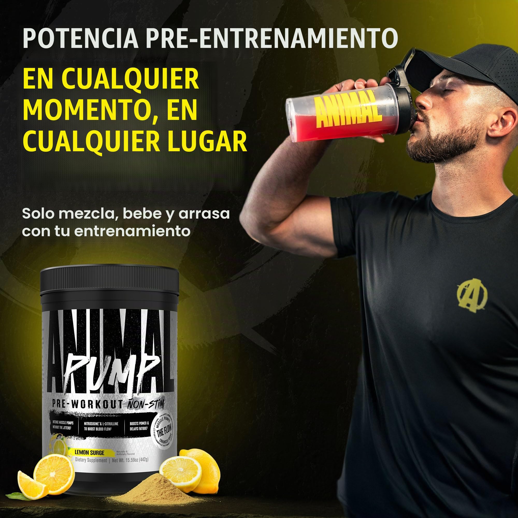 ANIMAL Pump Non-Stim Pre Workout Powder- preentrenamiento sin cafeína para energía, concentración y desarrollo muscular, beta alanina, citrulina, nitrosigina y nootrópicos, Lemon Surge, 442 g