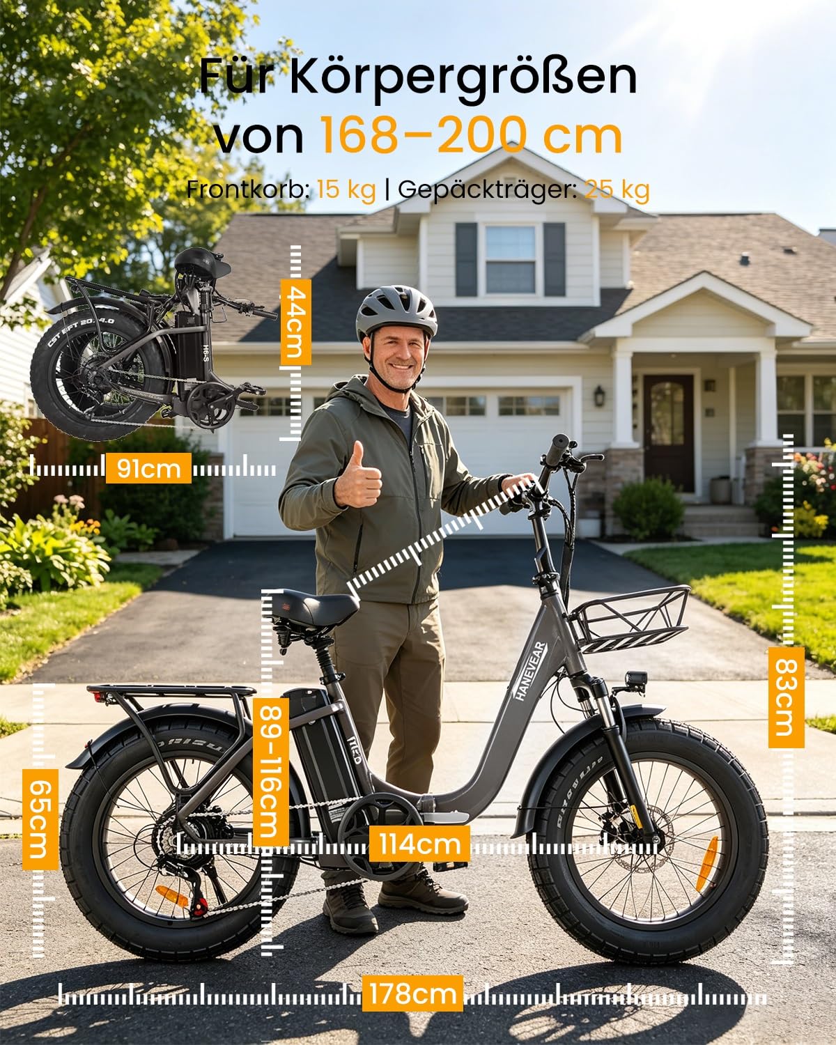 HANEVEAR Elektrofahrrad E Bike Klapprad mit 24Ah/48V Lithium-Akku | bis zu 140km, Fatbike Ebike mit Hydraulische Bremse, 250W 65Nm Heckmotor, Elektrofahrrad für Erwachsene