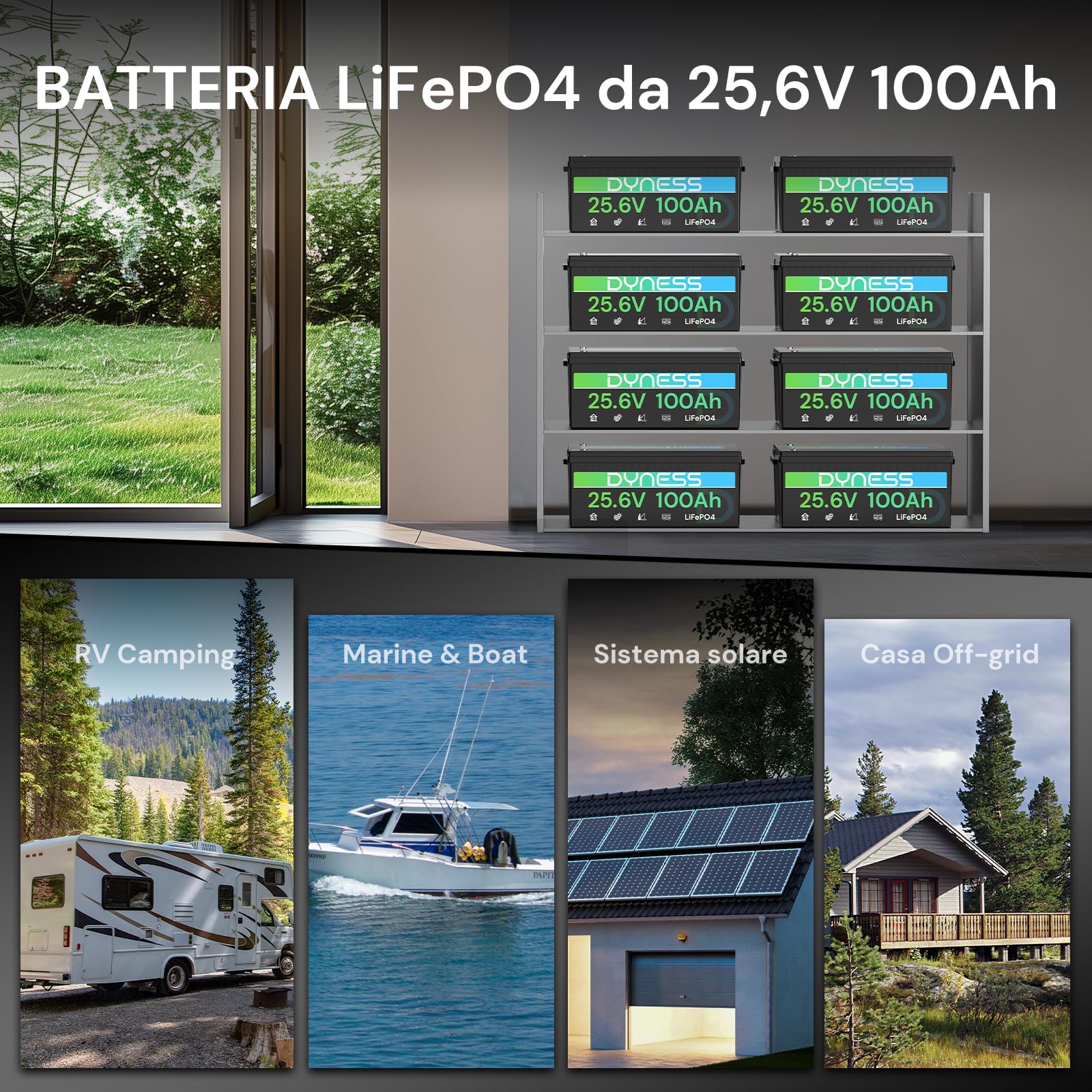 Dyness Batteria Litio LiFePO4 24V 100Ah con 100A BMS e Protezione Bassa Temperatura, Batteria 24V per Fotovoltaico Accumulo, Barche da Pesca Bass, Sistemi di Energia Rinnovabile, Camper (RV), Off-Grid