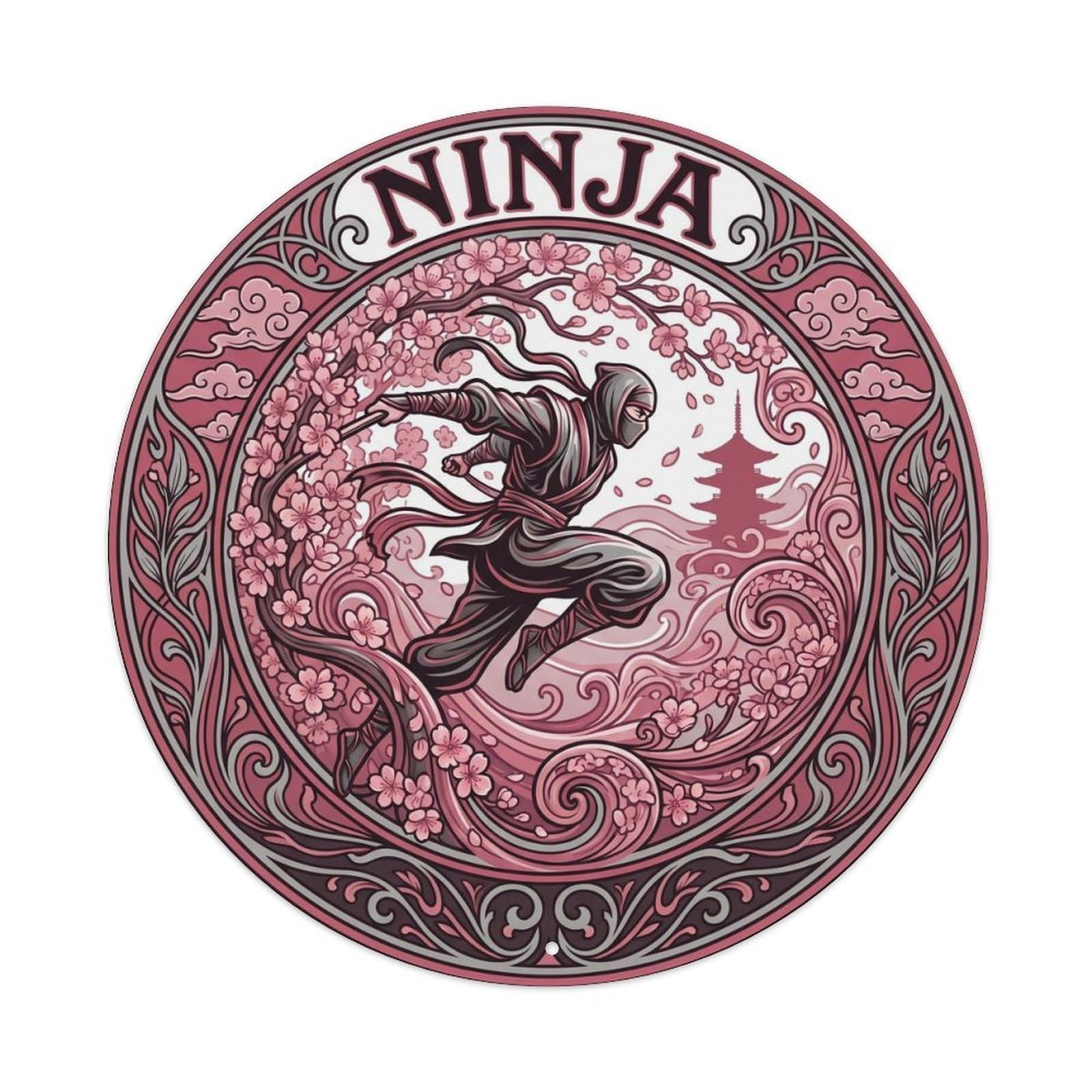 Olyhtr 8X8inch Classic Style Ninja Cherry Blossom Leap Nouveau Rose Silver Metal Tin Sign