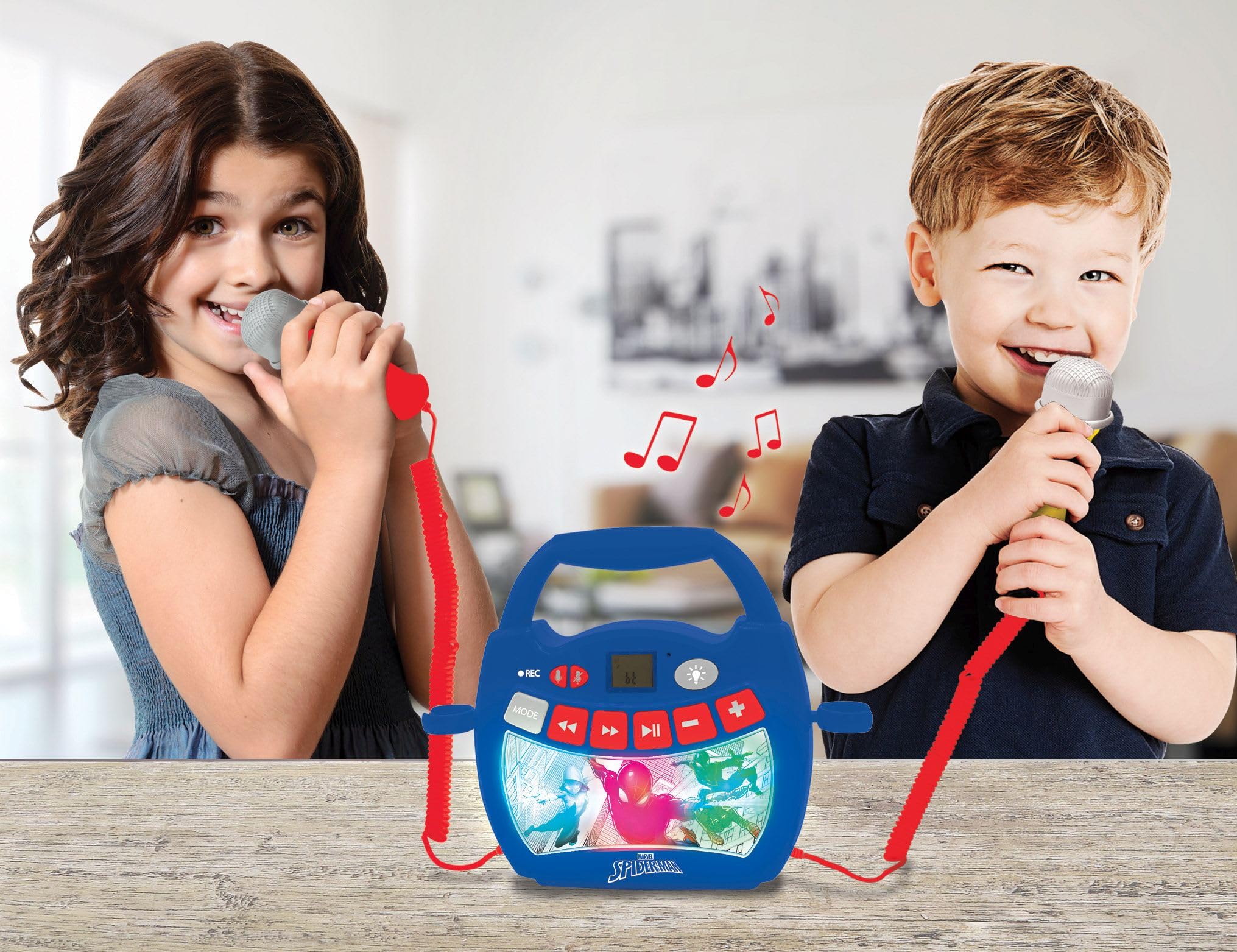 Lexibook Spider-Man Lettore Musicale Karaoke Portatile per Bambini Microfoni, Effetti di Luce Bluetooth Registrazione vocale e funzioni di Modifica, Blu, MP320SPZLXB