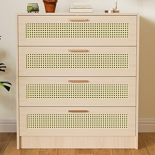 Cozy Castle Cómoda bohemia de 4 cajones, cómoda de madera con asas de metal, cómoda moderna de ratán para dormitorio, roble