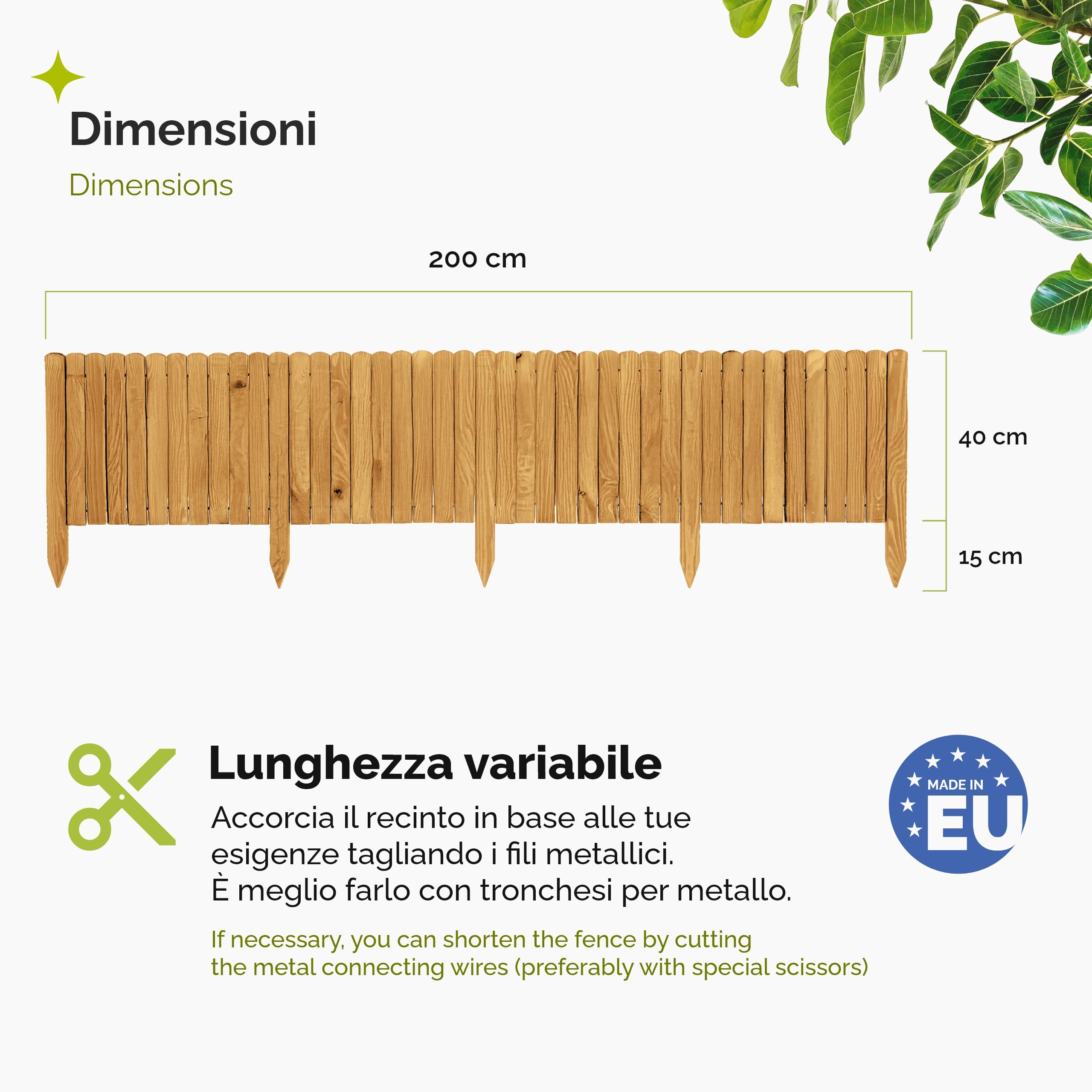 Garronda bordatura giardino bordura per aiuola staccionata in legno per giardino cordolo per aiuole Rollborder Recinzione Bassa Aiuola Lunghezza: 200 cm GD-0110 (Marrone chiaro, Altezza: 40 cm)