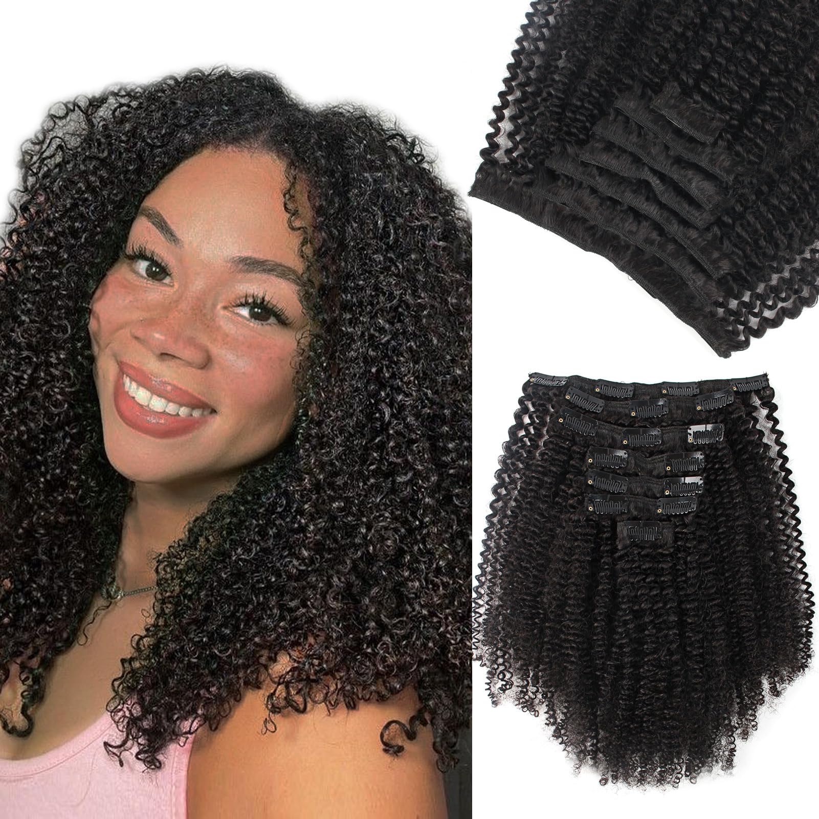 Lot de 7 extensions de cheveux humains afro bouclés à clipser pour femme noire - 4A 4B - Cheveux afro crépus bouclés - Noir naturel - Double trame - 30,5 cm - 120 g
