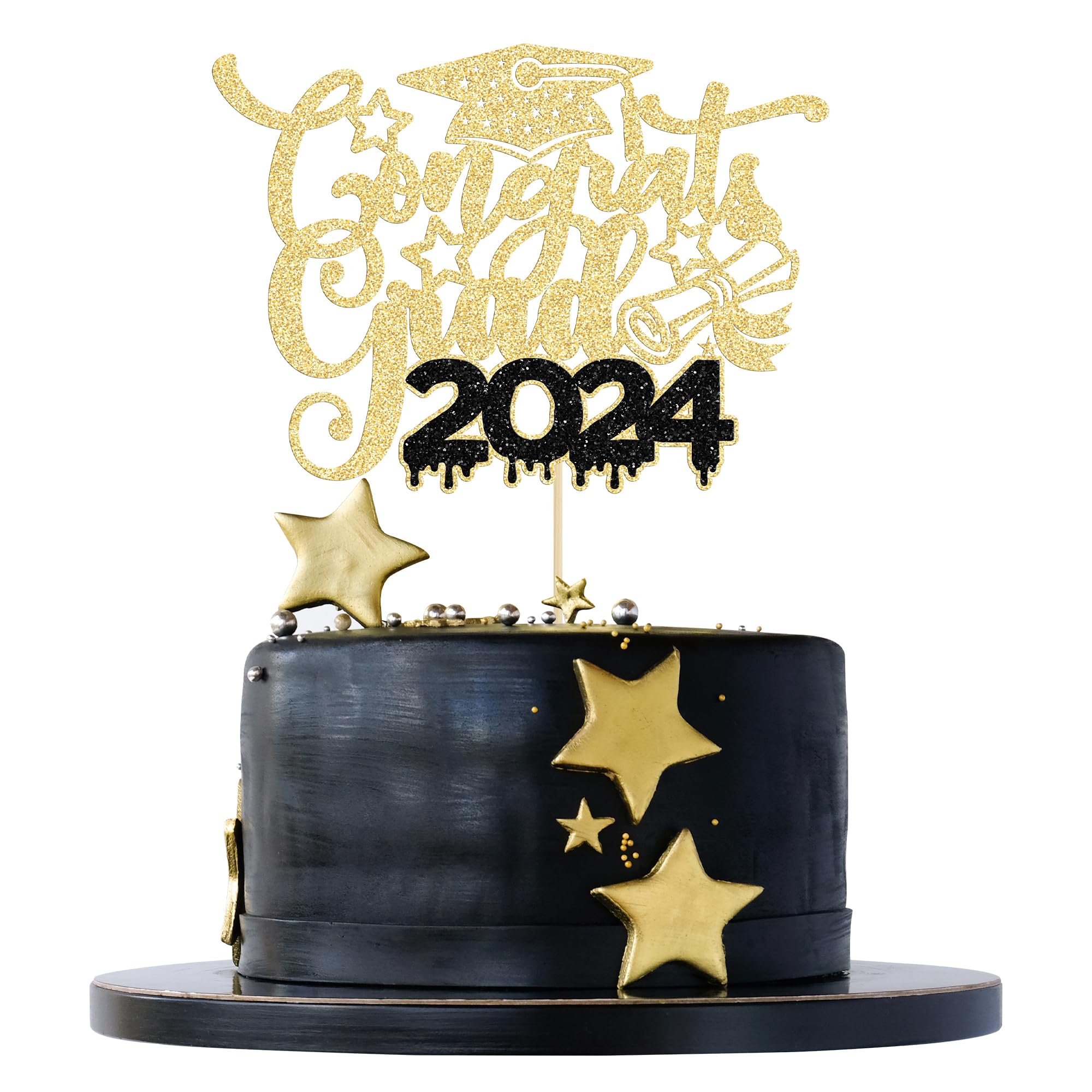 1Pc Congrats Grad 2026 Cake Topper Glitter Diploma Graduation Cap Cake Pick Congrats Class of 2026 Cake Decorations for 2026 Graduation Theme High School Boys Girls Graduate Party Supplies Gold