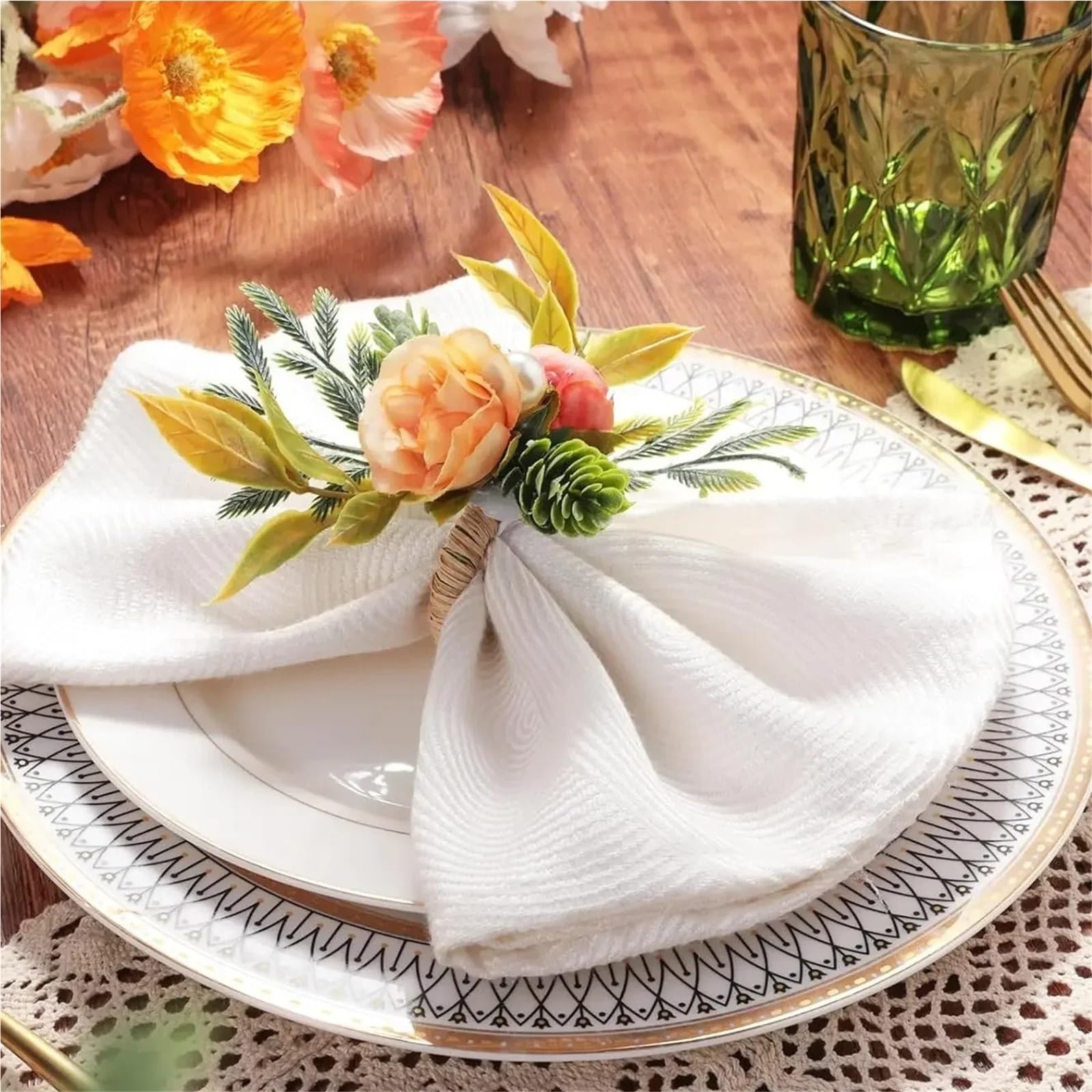 Lot de 6 Ronds Serviette Fleuris ornés Perles, Parfaits for Les Mariages, fêtes, Noël, Jours fériés et Thanksgiving pour DéCoration Table