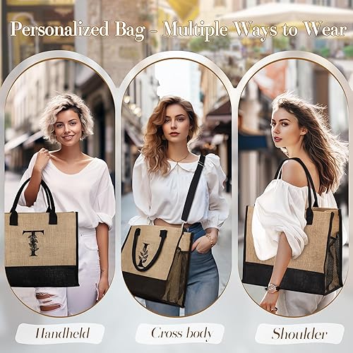 Miniatura 4 de AUNOOL Bolsa de mano con inicial para mujer, regalos de dama de honor, regalos de despedida de soltera, bolsa de playa para novia con bolsillo con