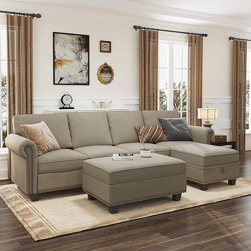 Nolany Convertible Sectional Sofa, L Shaped Couch with Storage Ottoman, Reversible Sectional Sofa Couch for Living Room, Dark Khaki