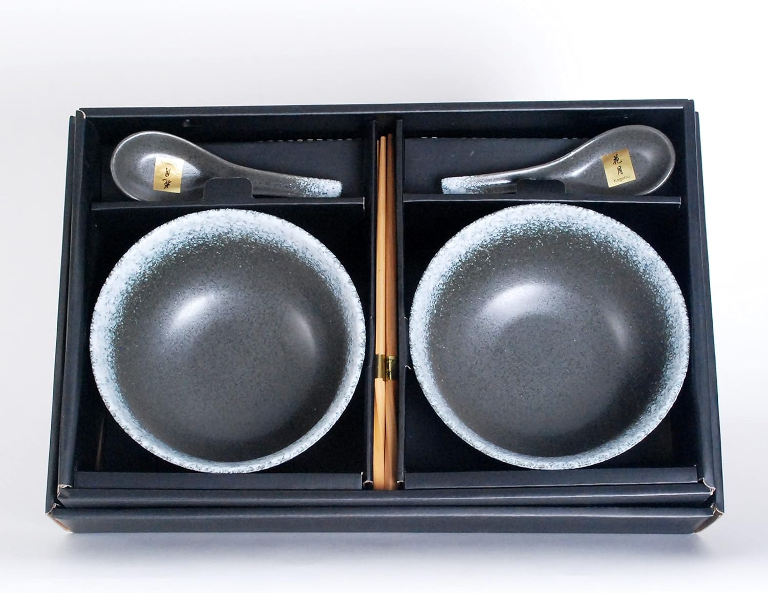 Japanese Style Ramen Bowls with Chopsticks and Spoons Large Serving 20 fl oz Noodle Bowl Set of 2 Udon Soba Pho Dinnerware Couple Set (Black Stone)