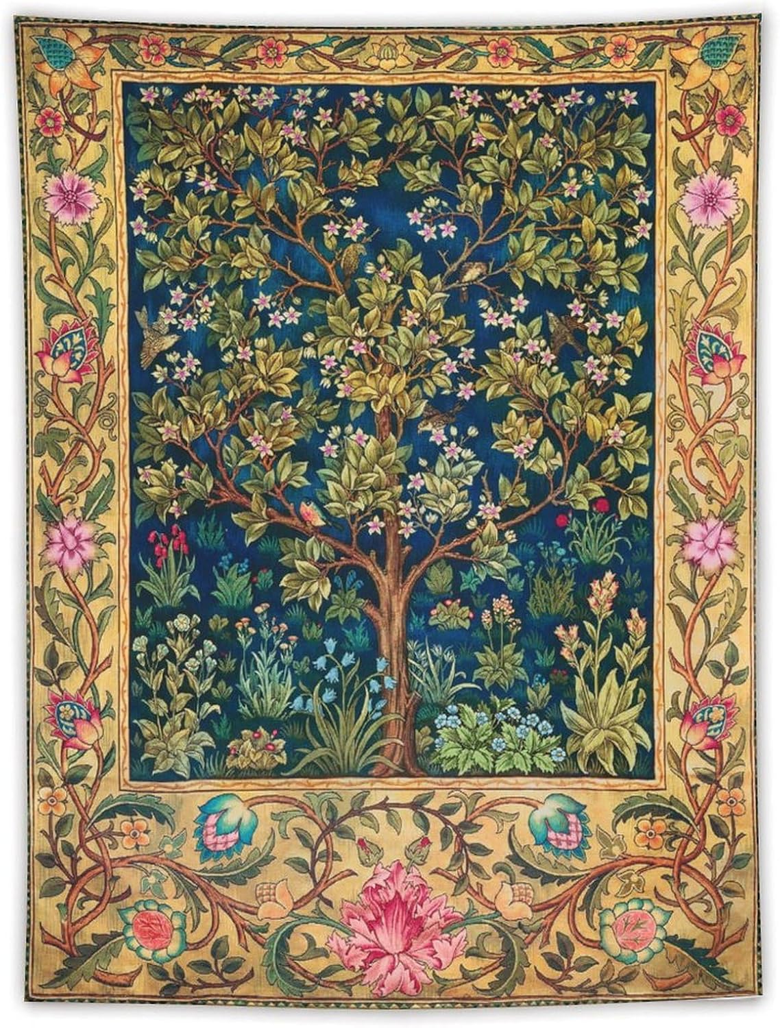 William Morris Tree of Life Tapestry Wall Hanging,Medieval Classic Vintage Flowers Pattern Modern Wall Art Decor,Retro Floral Home Decoration for Bedroom Living Room Dorm W60 x 80H Inch