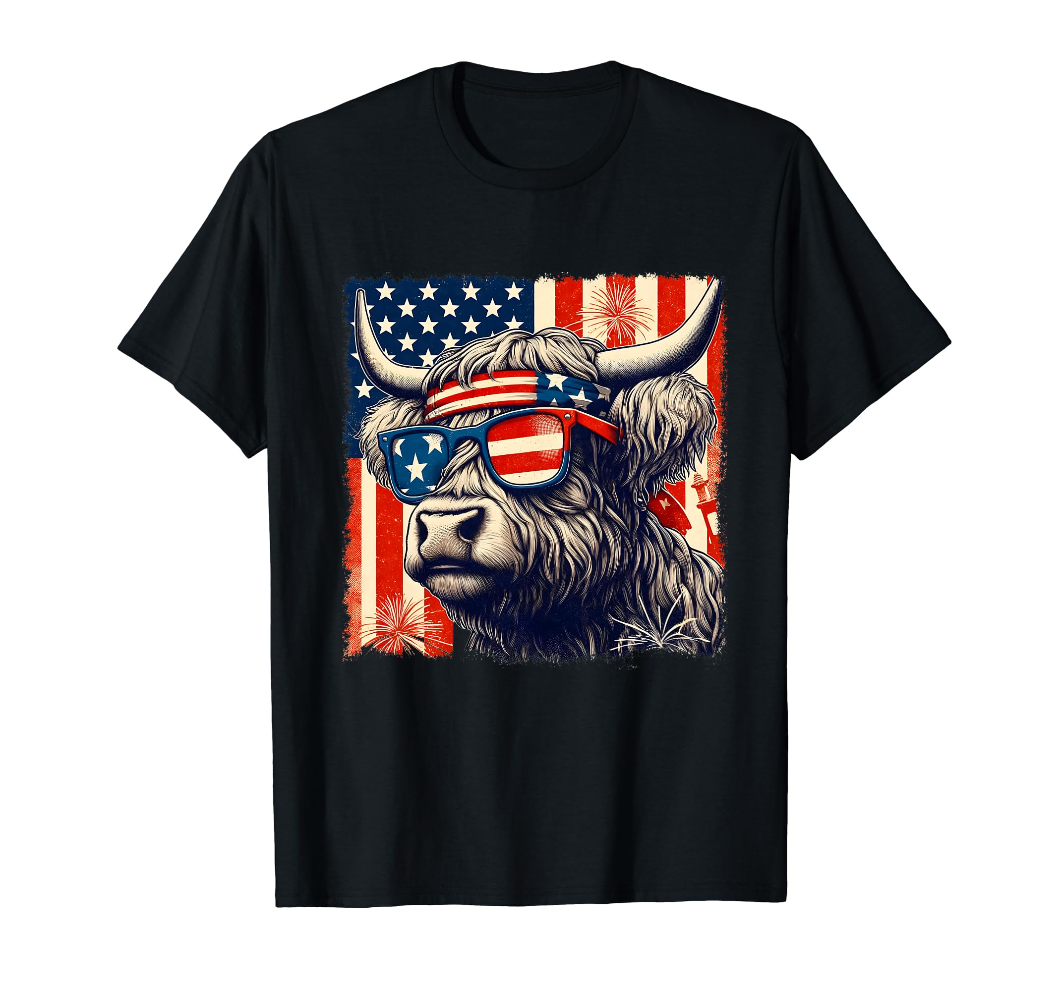 Fourth Of July Patriotic Cow USA FlagHighland Cow Sunglasses American Flag 4th of July Farmer T-Shirt