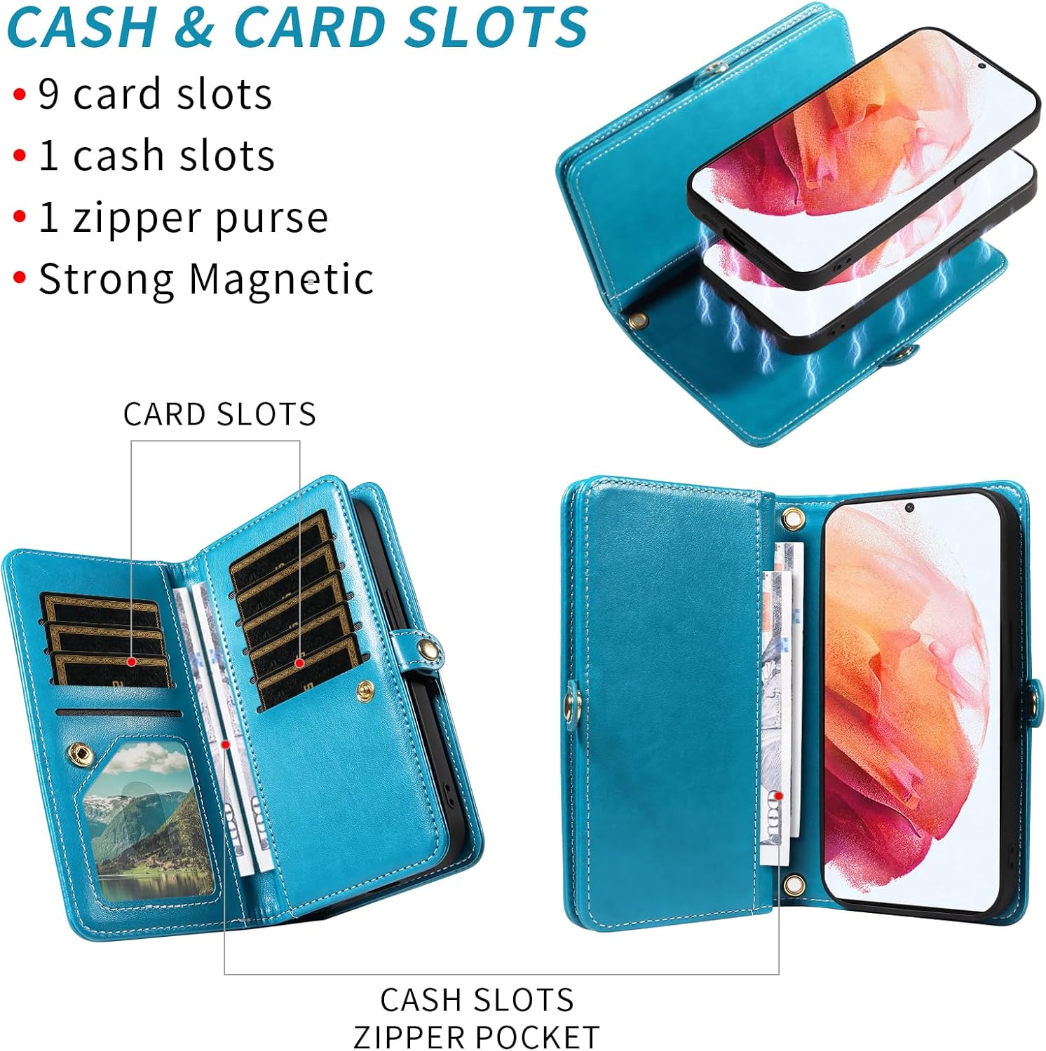 Asuwish Phone Case for Samsung Galaxy S21 5G 6.2 inch Zipper Wallet Magnetic Detachable Cell Cover with Tempered Glass Screen Protector Crossbody Strap Flower Credit Card Holder S 21 21S G5 Women Blue