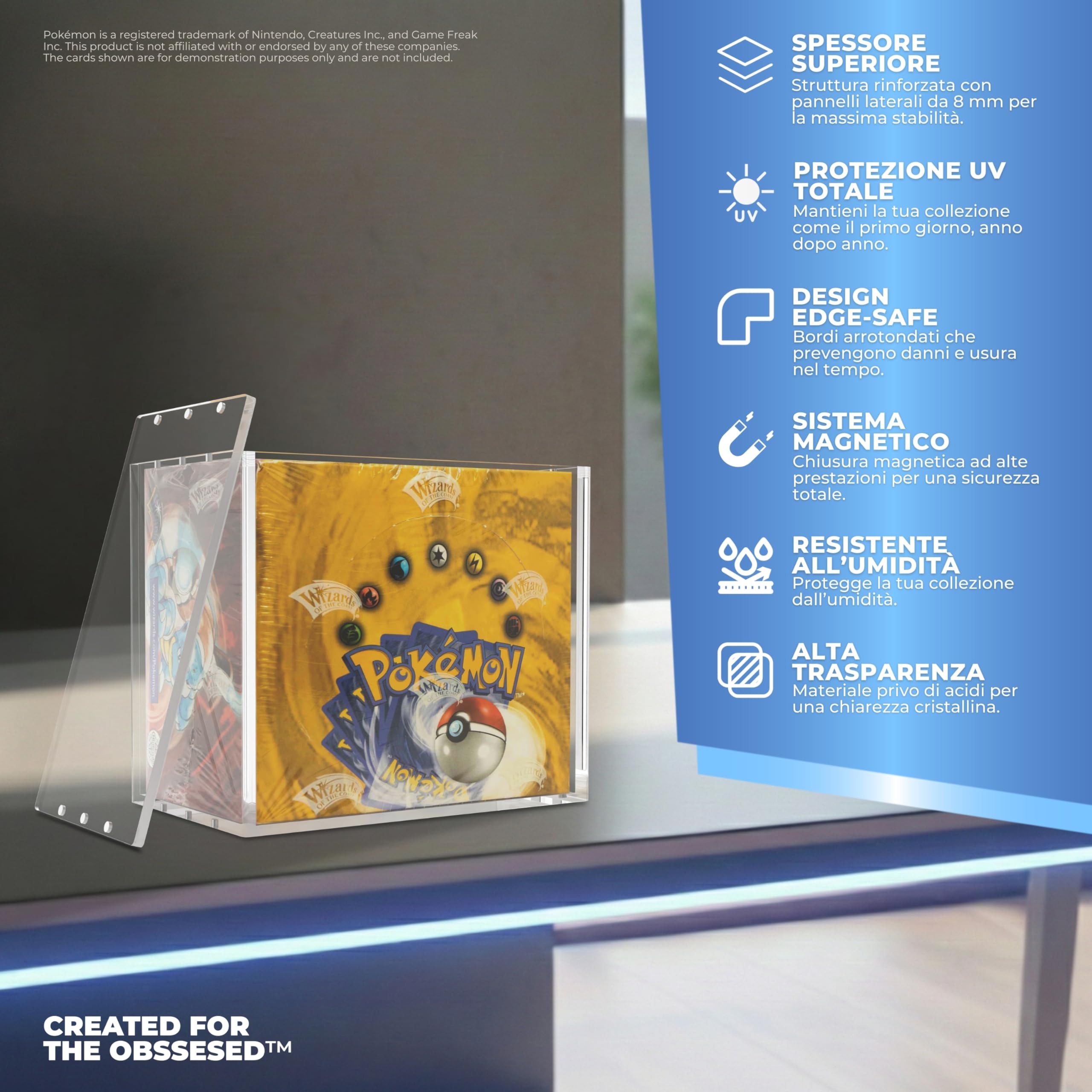 Protector Booster Box Pokémon in Plexiglass con Magneti N52 – Scatola Pokémon UV 99% Trasparente, Resistente e Impilabile