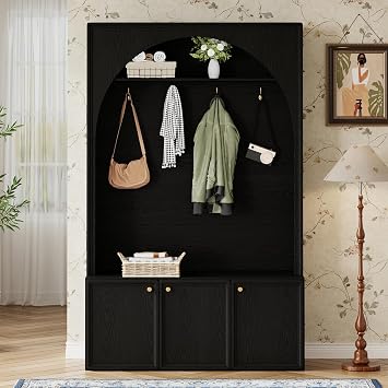 LUMISOL All-in-One Arched Hall Tree with Bench and Shoe Storage, Black
